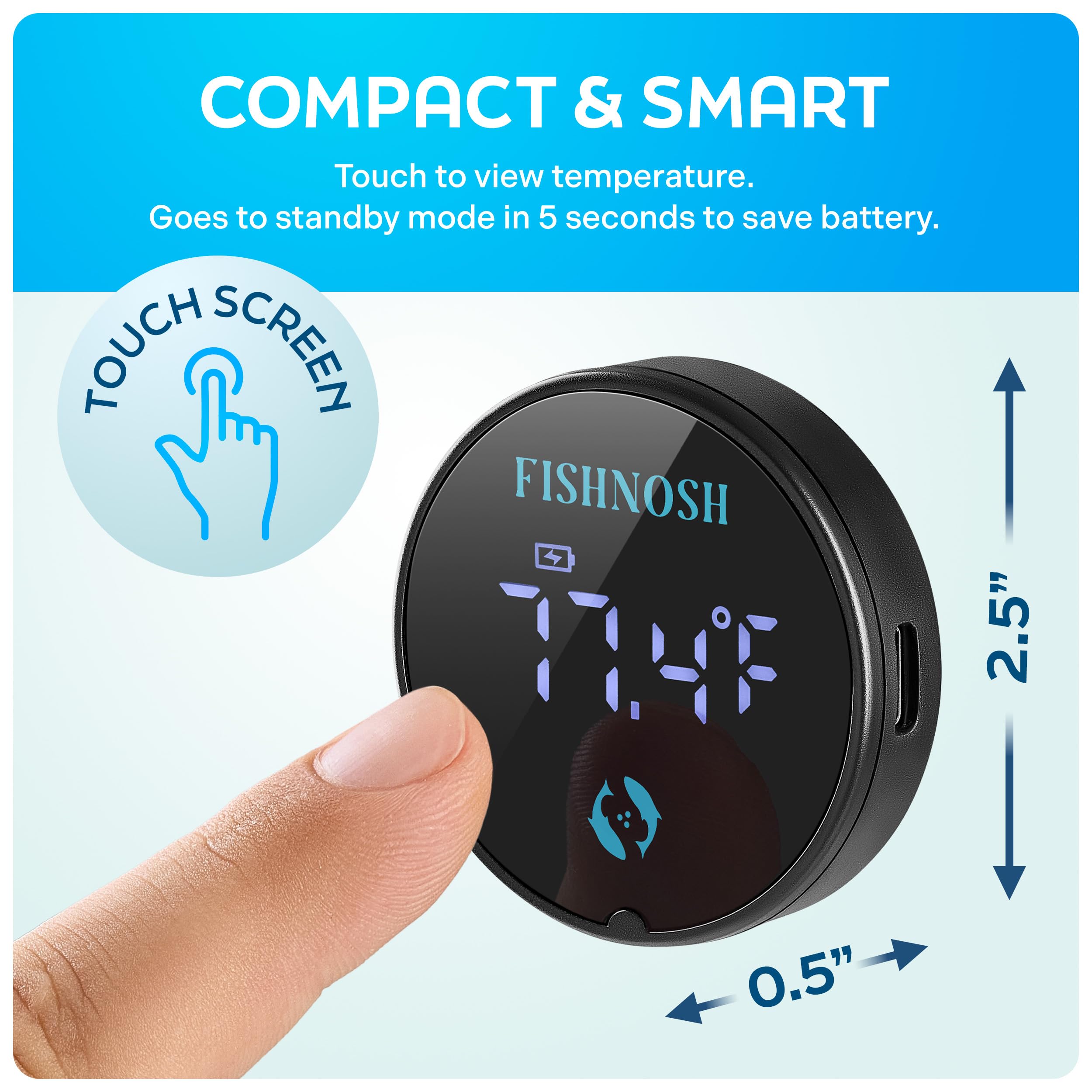 FishNosh aquarium thermometer side-angle showing compact, unobtrusive design.