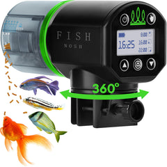 FISHNOSH auto-feeder in aquarium front view enables consistent feeding for busy owners