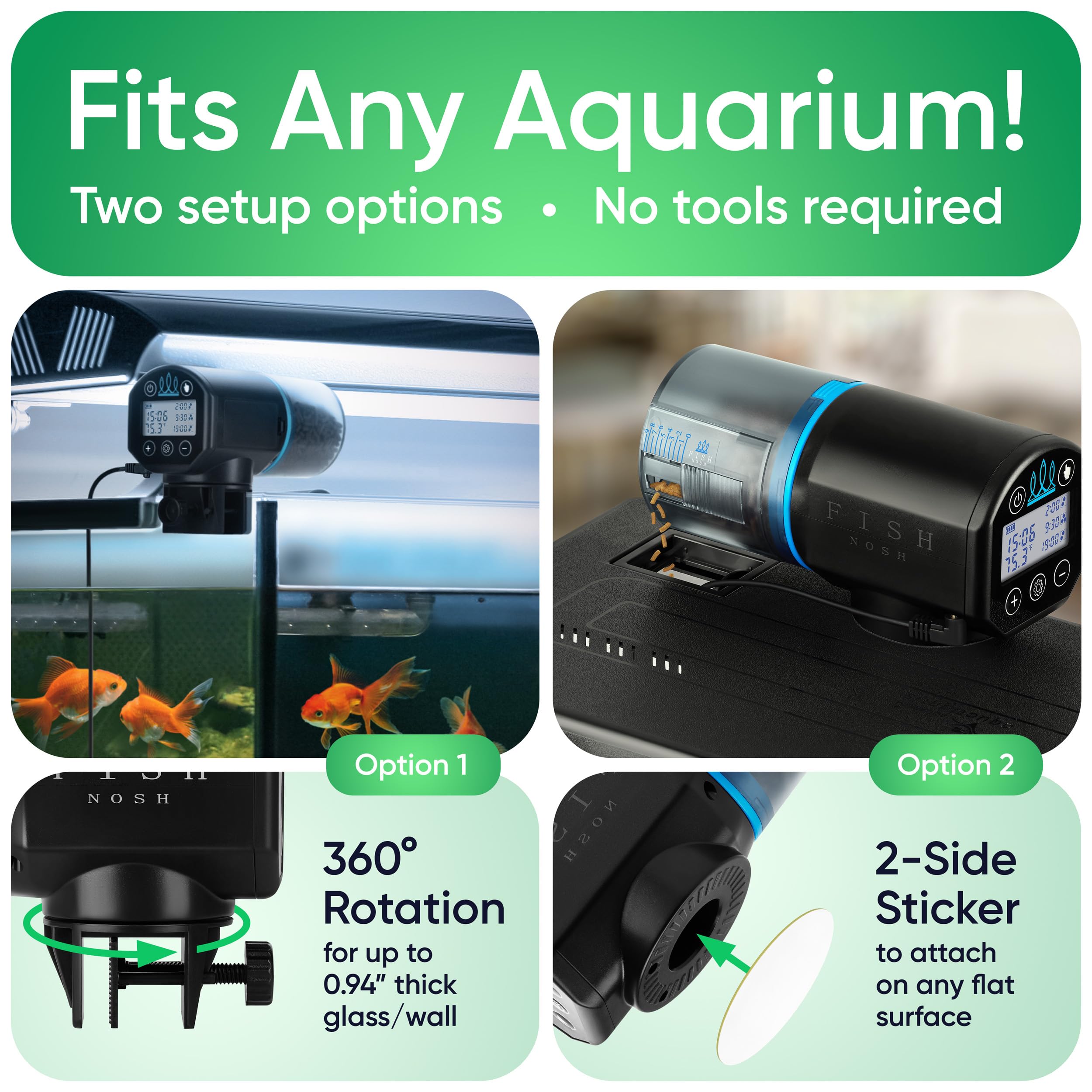 FISHNOSH automatic feeder compact design fits neatly into any aquarium setup.