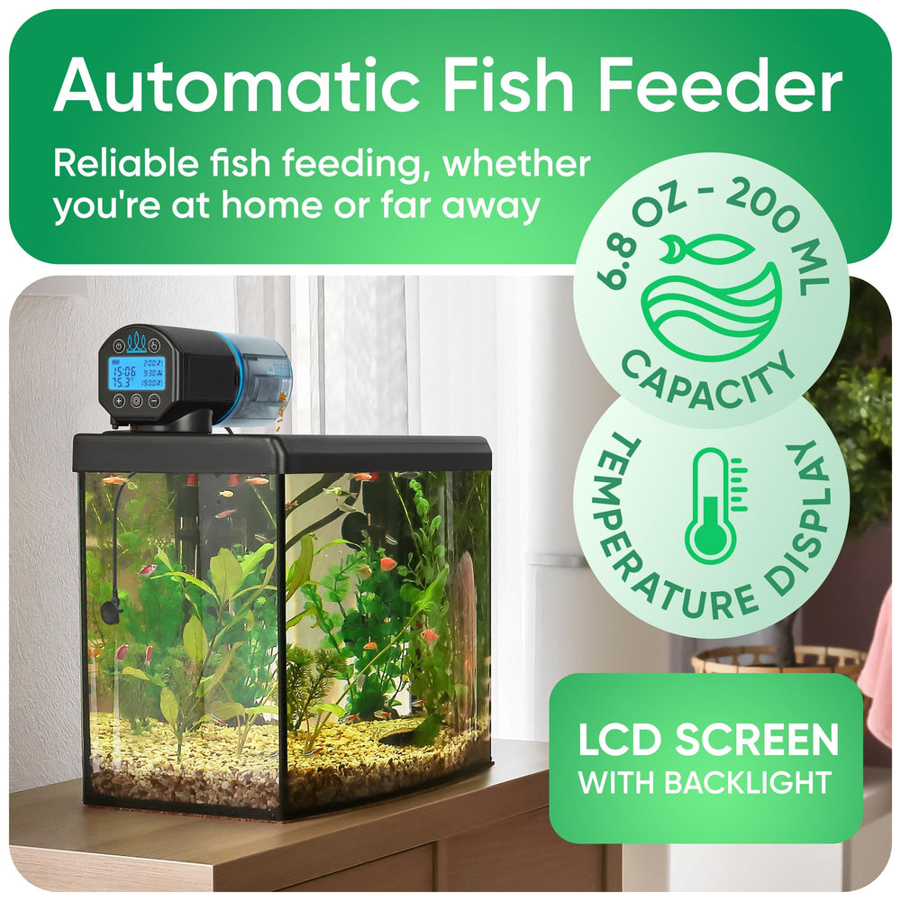 FISHNOSH automatic feeder digital thermometer display enables temperature monitoring for fish comfort.
