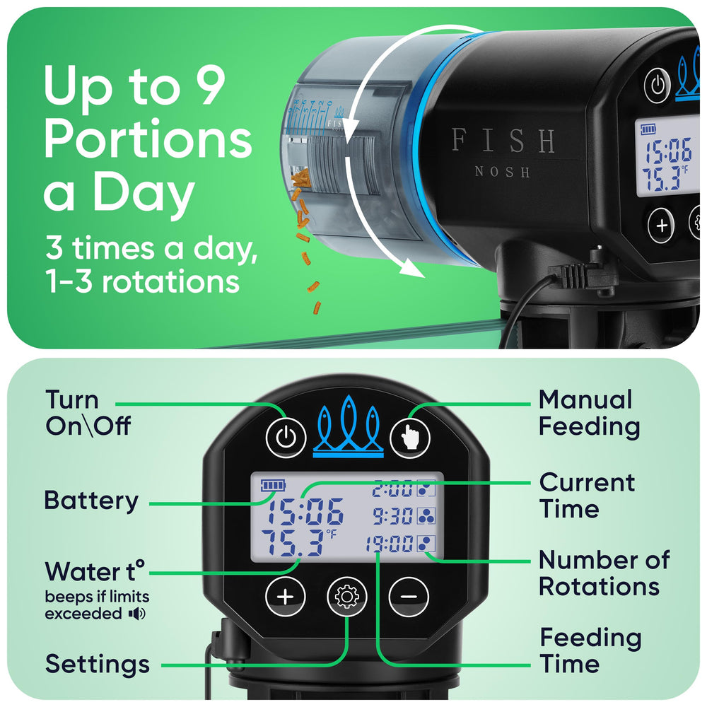 FISHNOSH automatic feeder dual feeding windows show precise portion control for varied foods.
