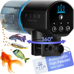 FISHNOSH Model-ML front view shows a compact auto feeder for reliable scheduled feeding
