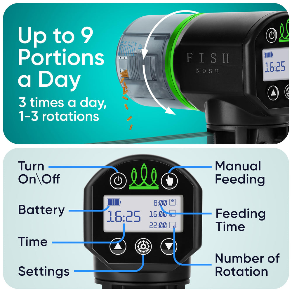 FISHNOSH timer dial closeup shows programmable portions for up to nine daily feedings
