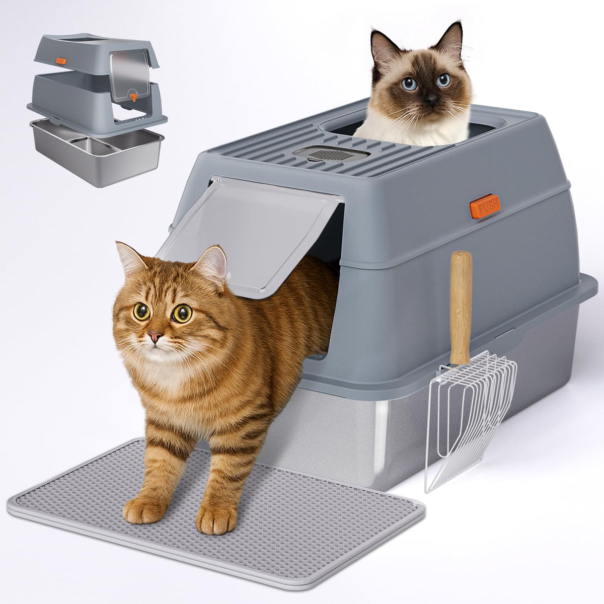 Fitrobust stainless steel litter box front view with dual-entry for flexible use.
