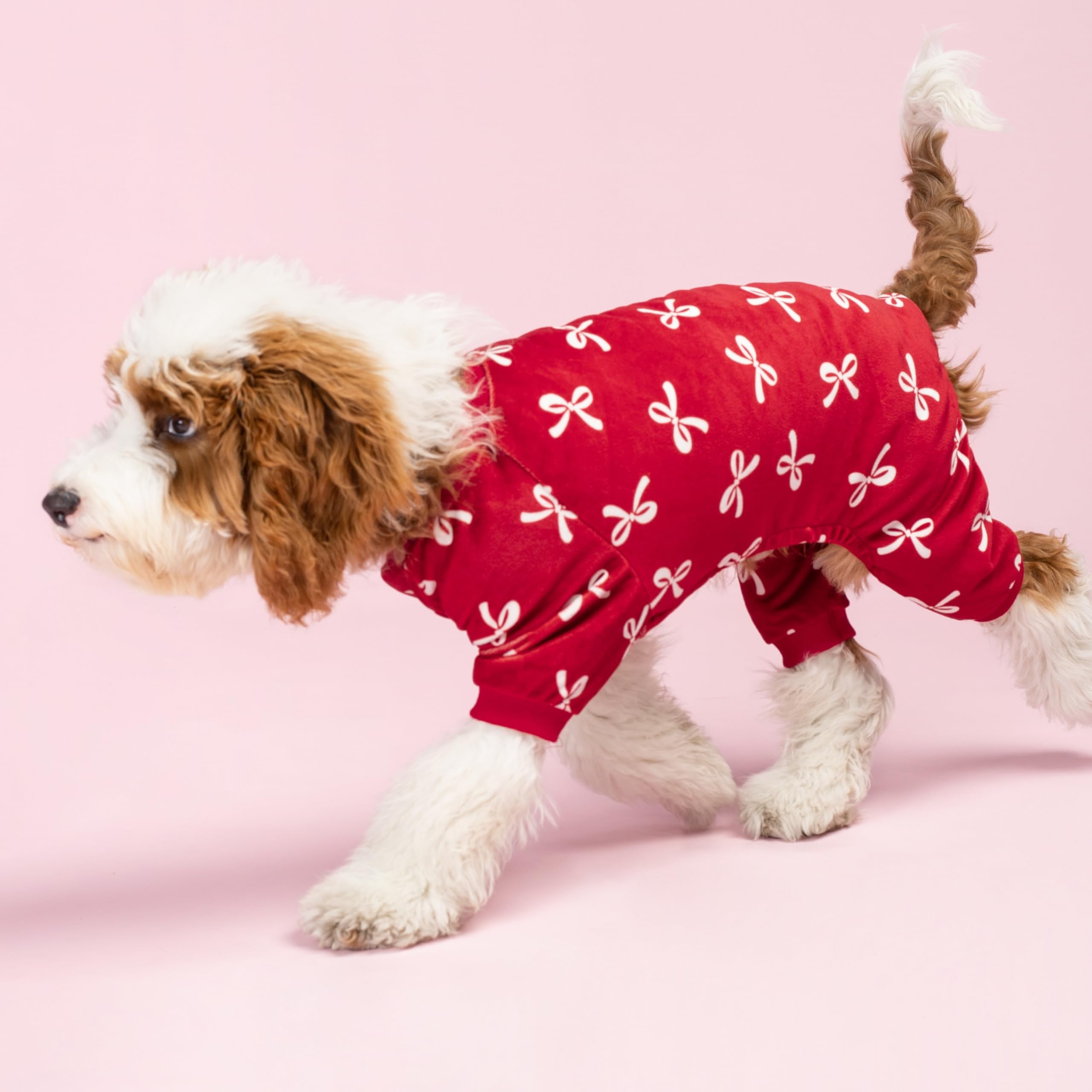 Fitwarm Bowknot Dog Pajamas side view; snug, flexible movement for walks.