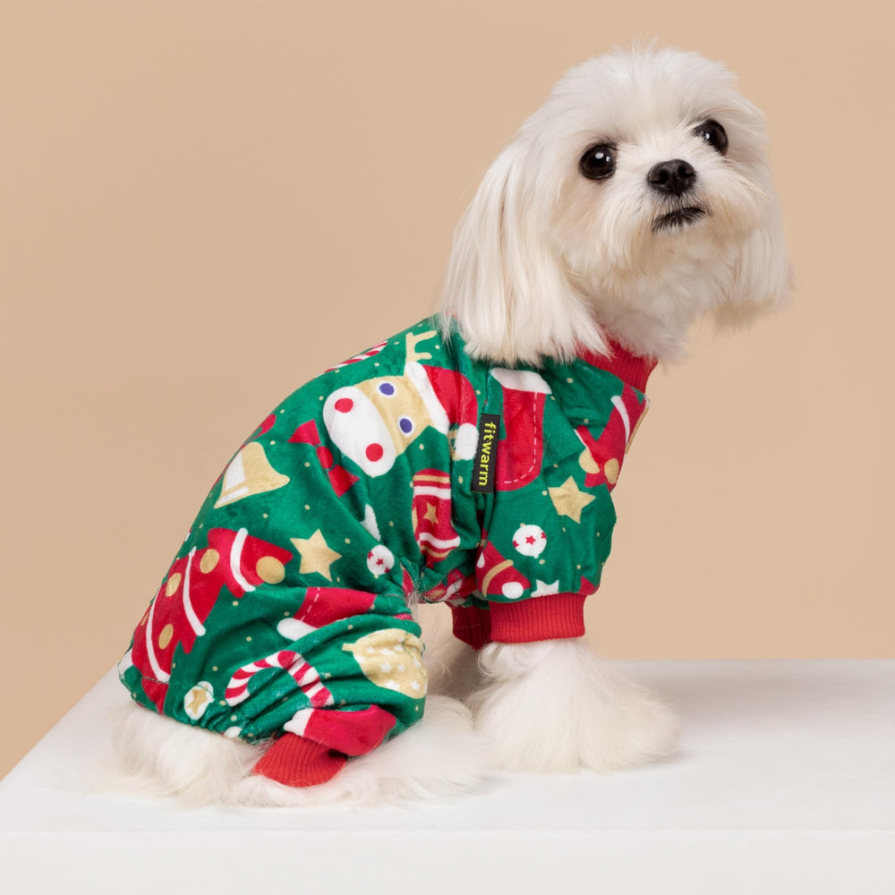 Fitwarm Christmas dog pajamas pattern detail reveals candy canes and trees.