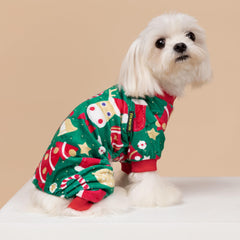 Fitwarm Christmas dog pajamas pattern detail reveals candy canes and trees.