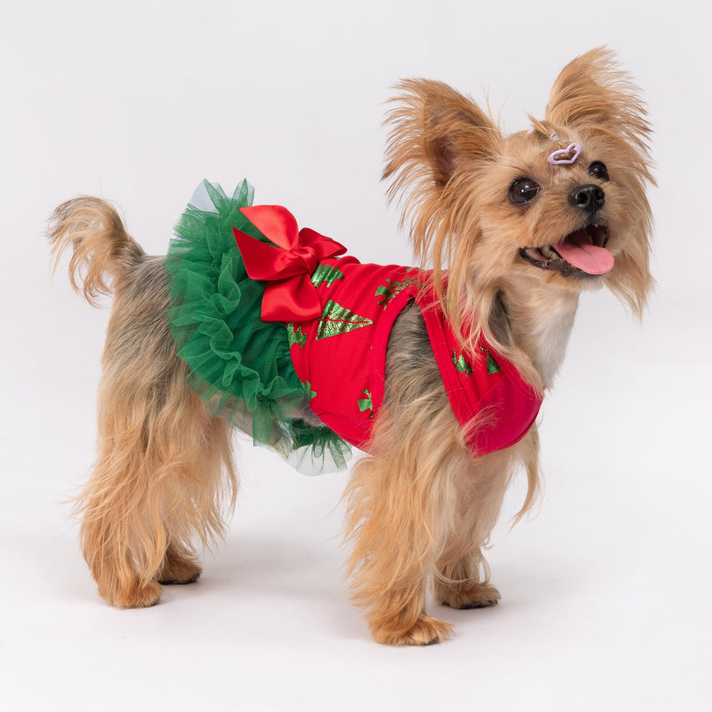 Fitwarm Christmas Tree Dress on dog with red top for holiday look