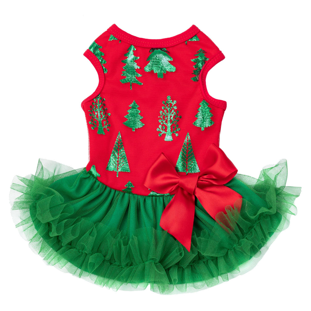 Fitwarm Christmas Tree Dress top view showing festive design for small dogs