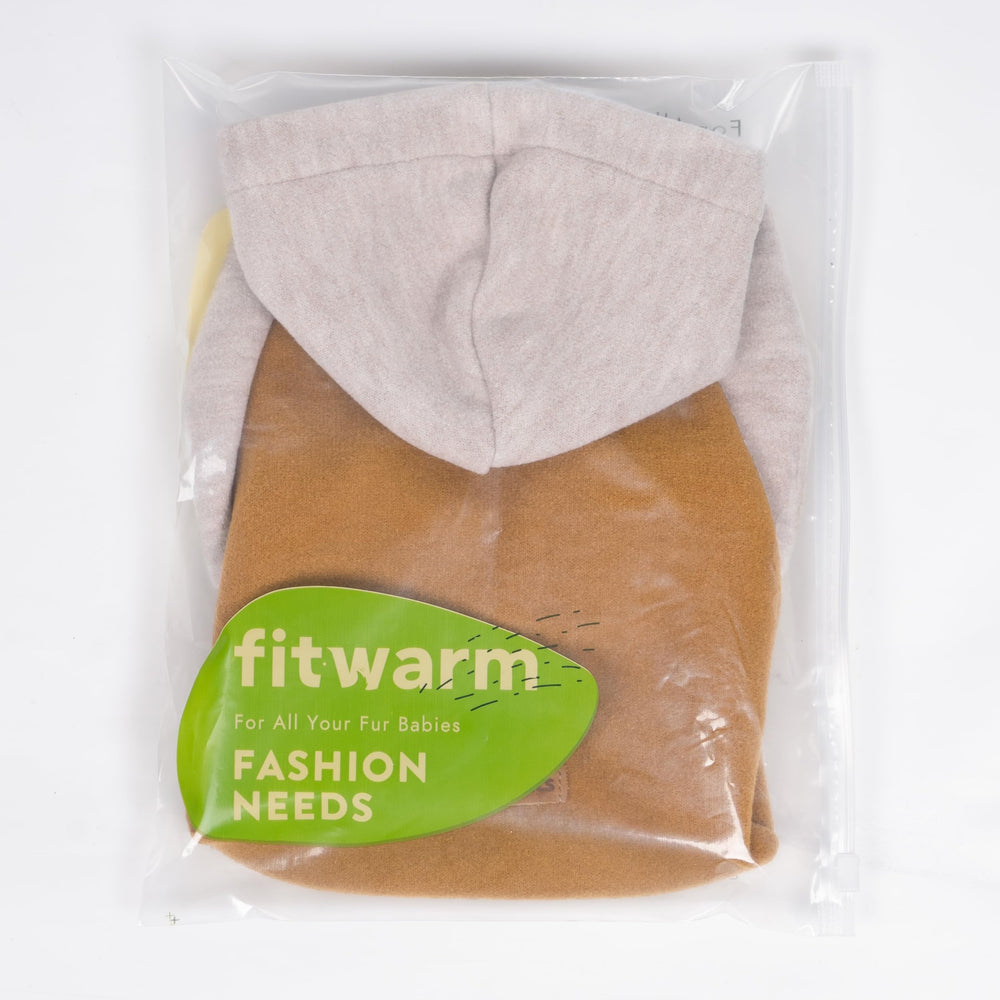 Fitwarm Color Block Dog Hoodie packaging shot shows easy-to-store apparel for travel.