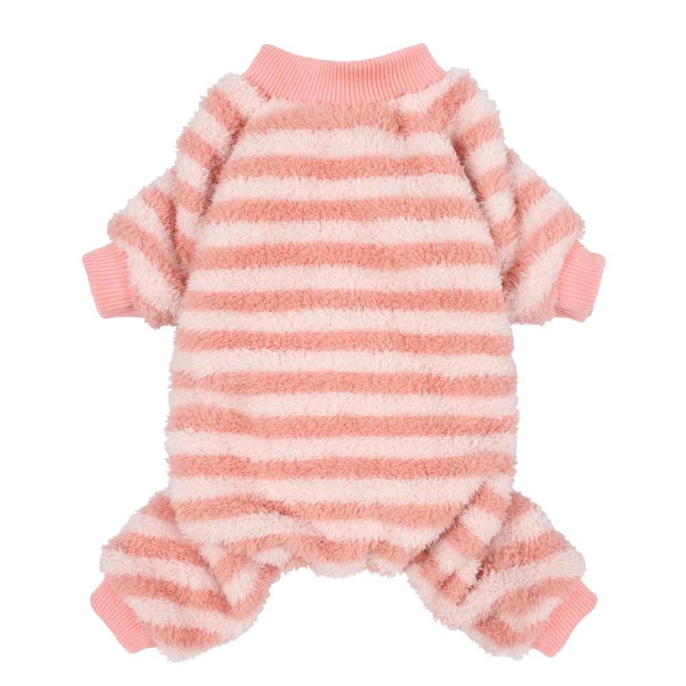 Fitwarm fuzzy fleece dog pajamas front view in pink and white for cozy warmth on small dogs.