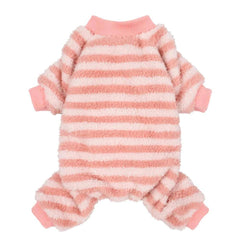 Fitwarm fuzzy fleece dog pajamas front view in pink and white for cozy warmth on small dogs.