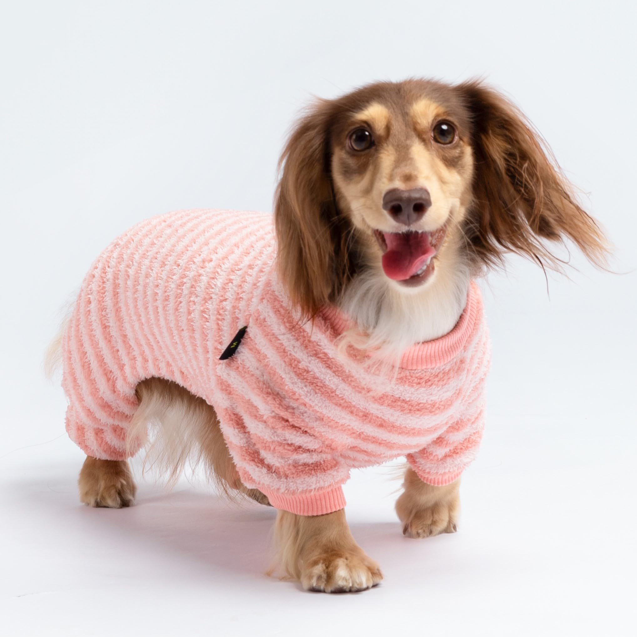 Fitwarm dog pajamas striped pattern side view showcases warmth and style for chilly days.
