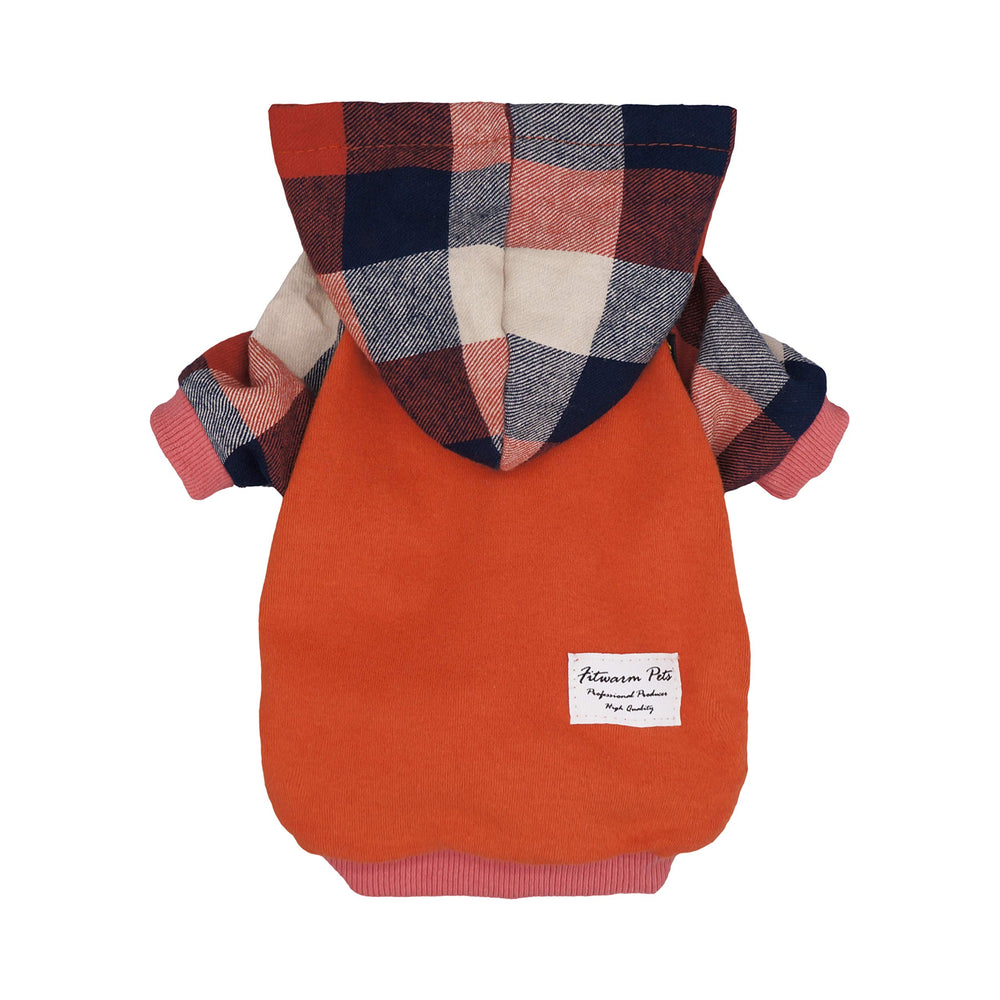 Fitwarm dog plaid shirt orange small fabric closeup shows 100% cotton softness and elasticity.