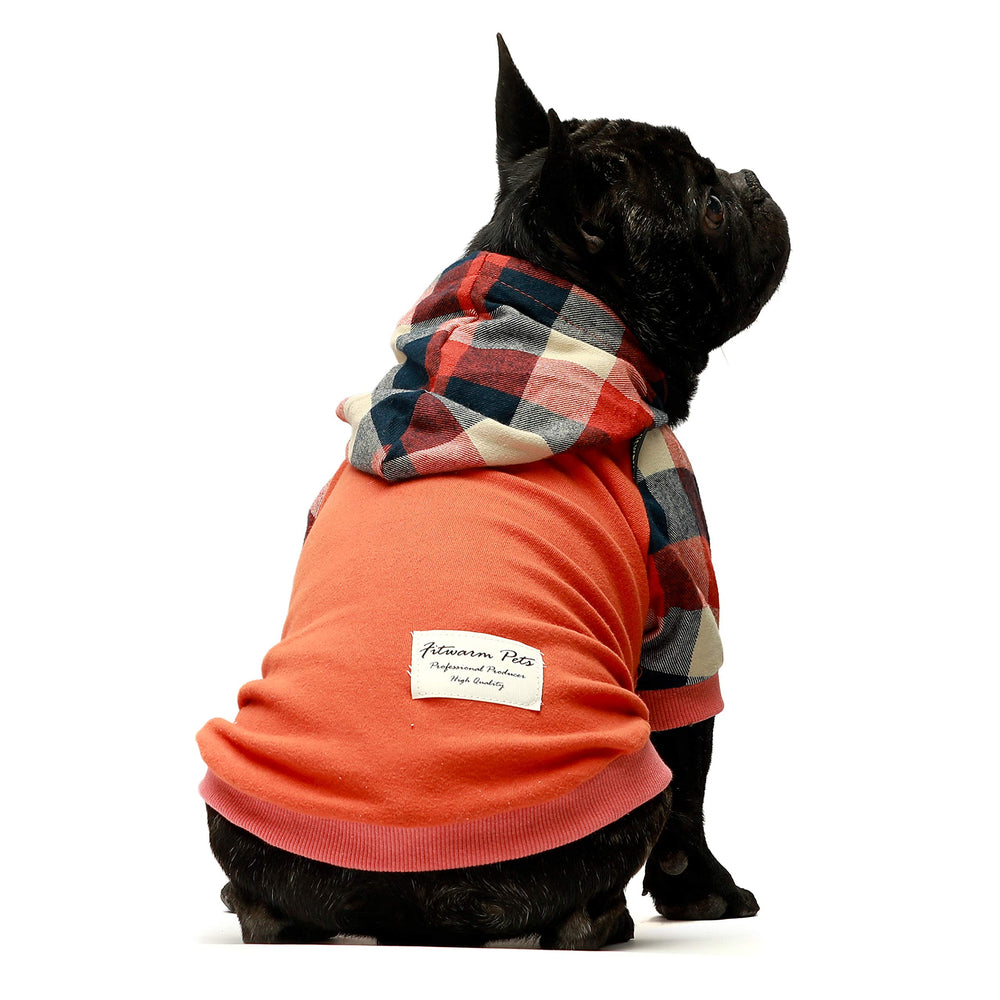 Fitwarm dog plaid shirt orange small front view emphasizes soft cotton comfort for daily walks.
