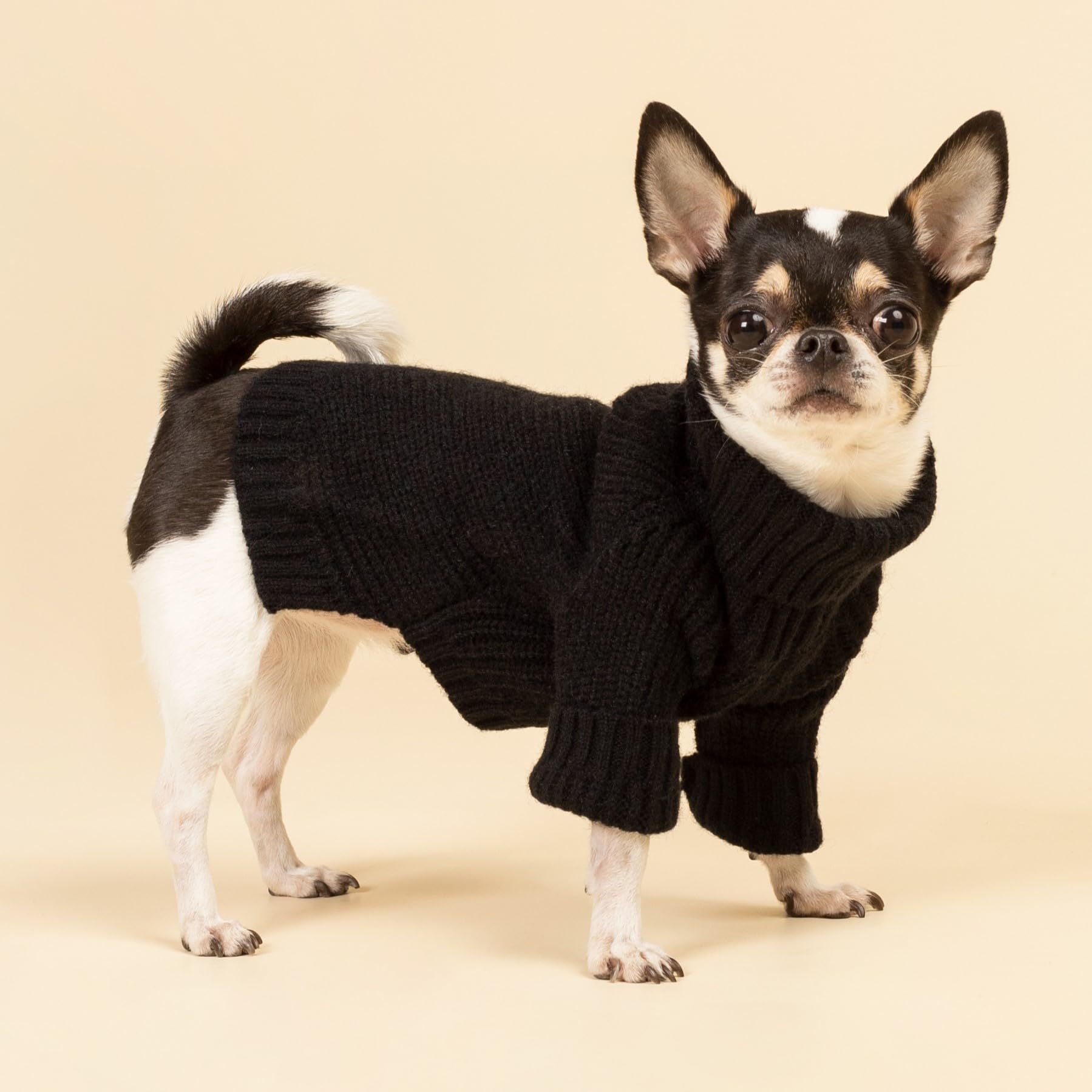 Fitwarm dog turtleneck sweater fabric closeup highlights soft fleece knit comfort.