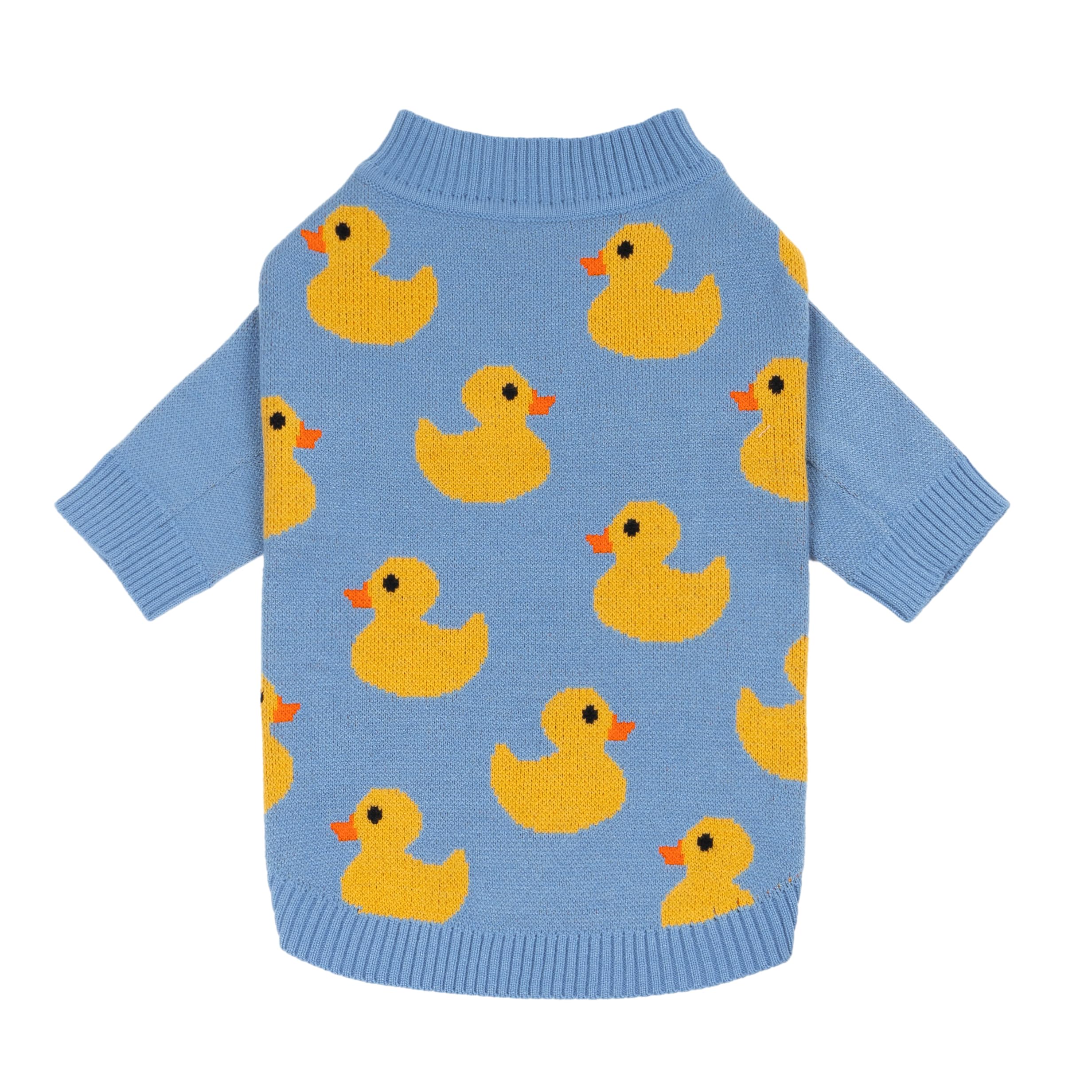 Fitwarm duck sweater on blue background offers cozy warmth for daily small-dog walks