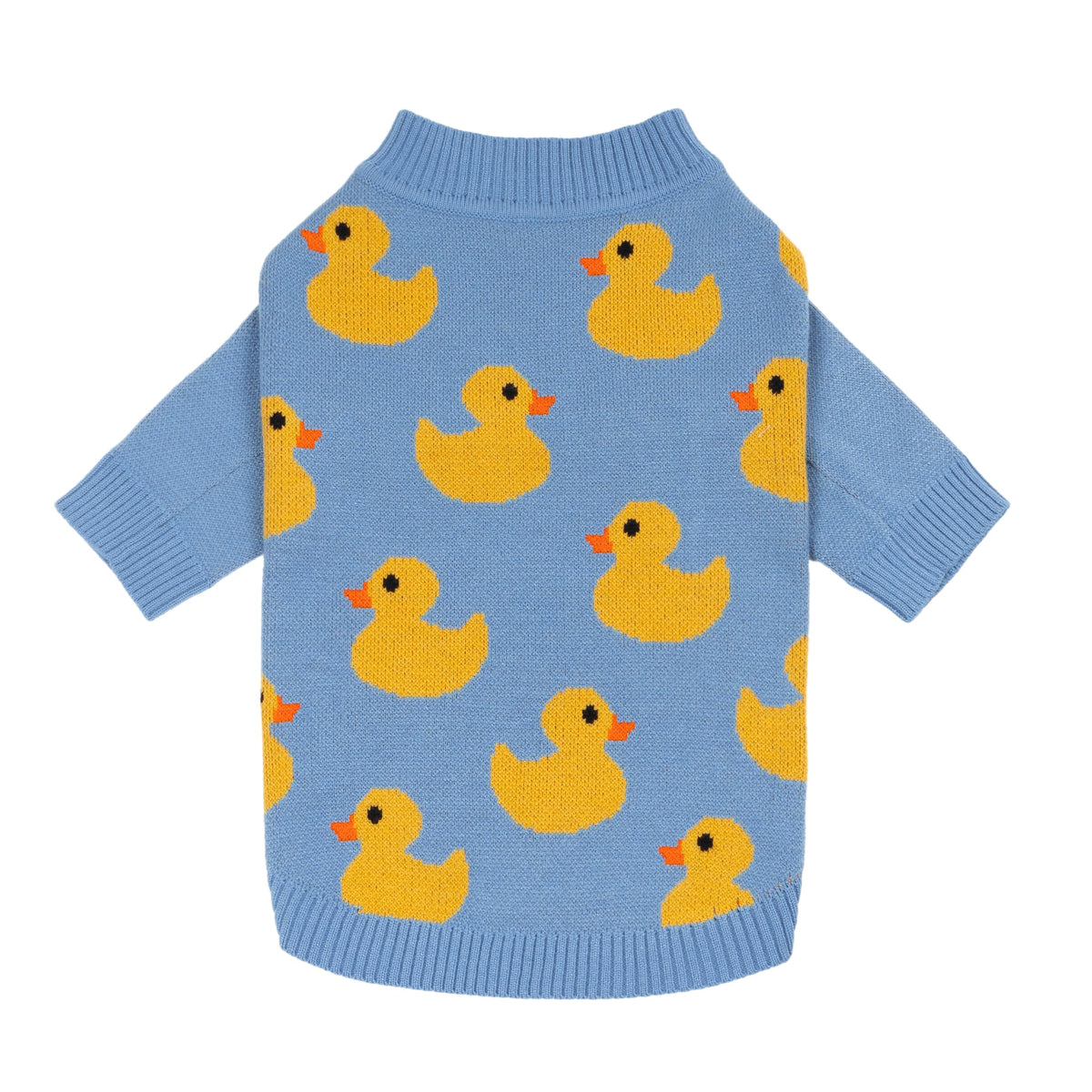 Fitwarm duck sweater on blue background offers cozy warmth for daily small-dog walks