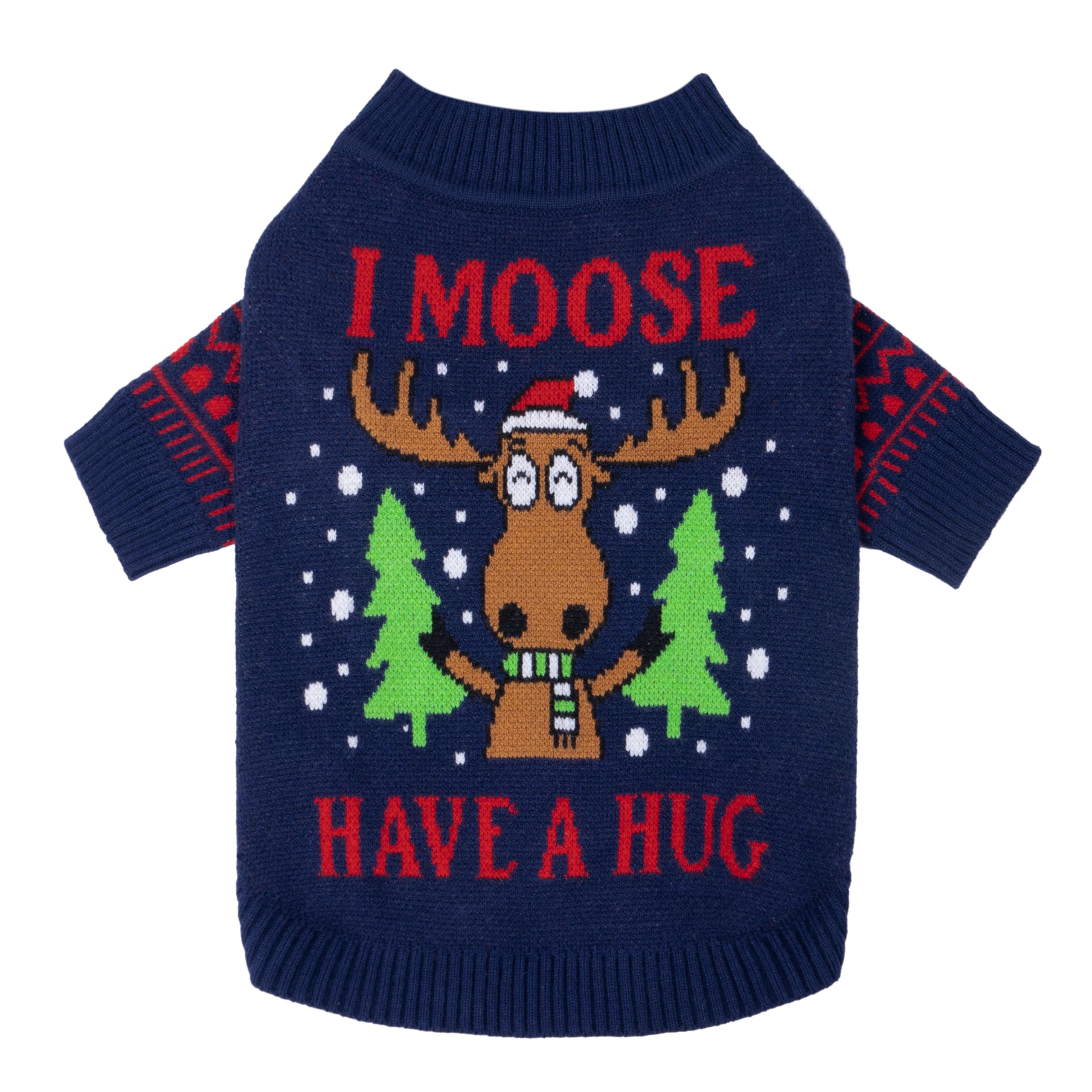 Fitwarm Funny Moose Dog Sweater front view offers cozy warmth for winter walks.