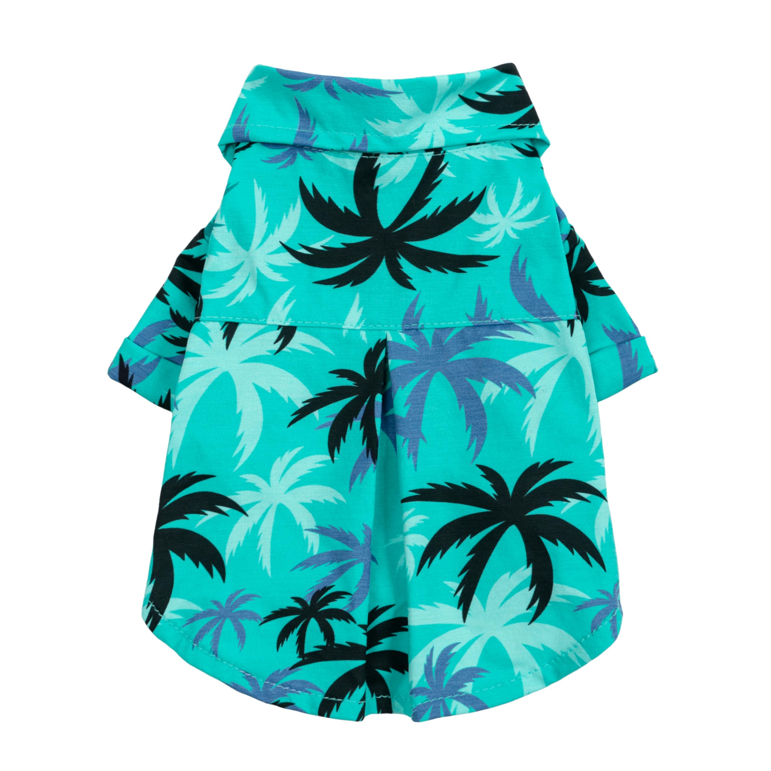 Fitwarm Hawaiian Coconut Palm dog shirt front view blue palm print for cool summer walks