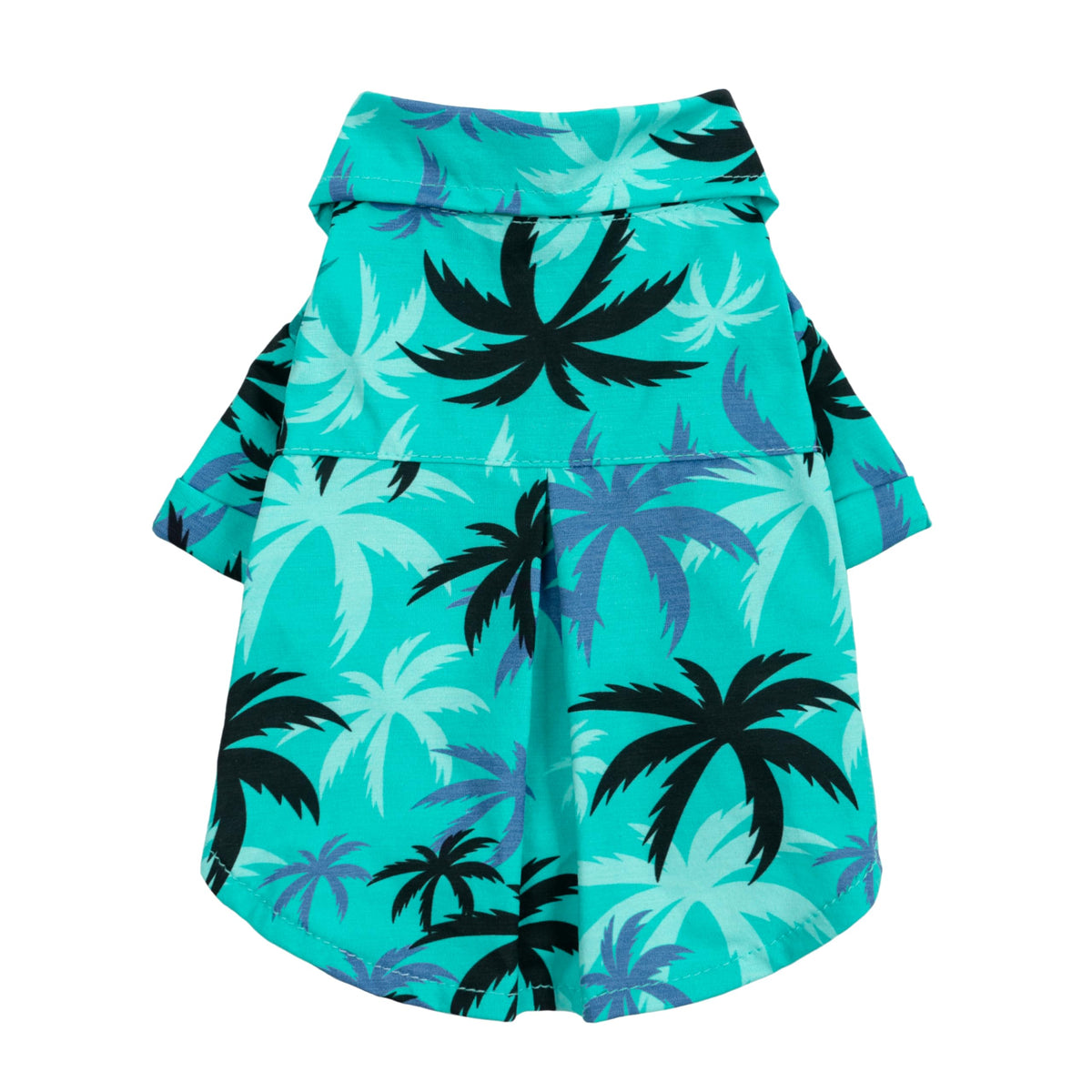 Fitwarm Hawaiian Coconut Palm dog shirt front view blue palm print for cool summer walks