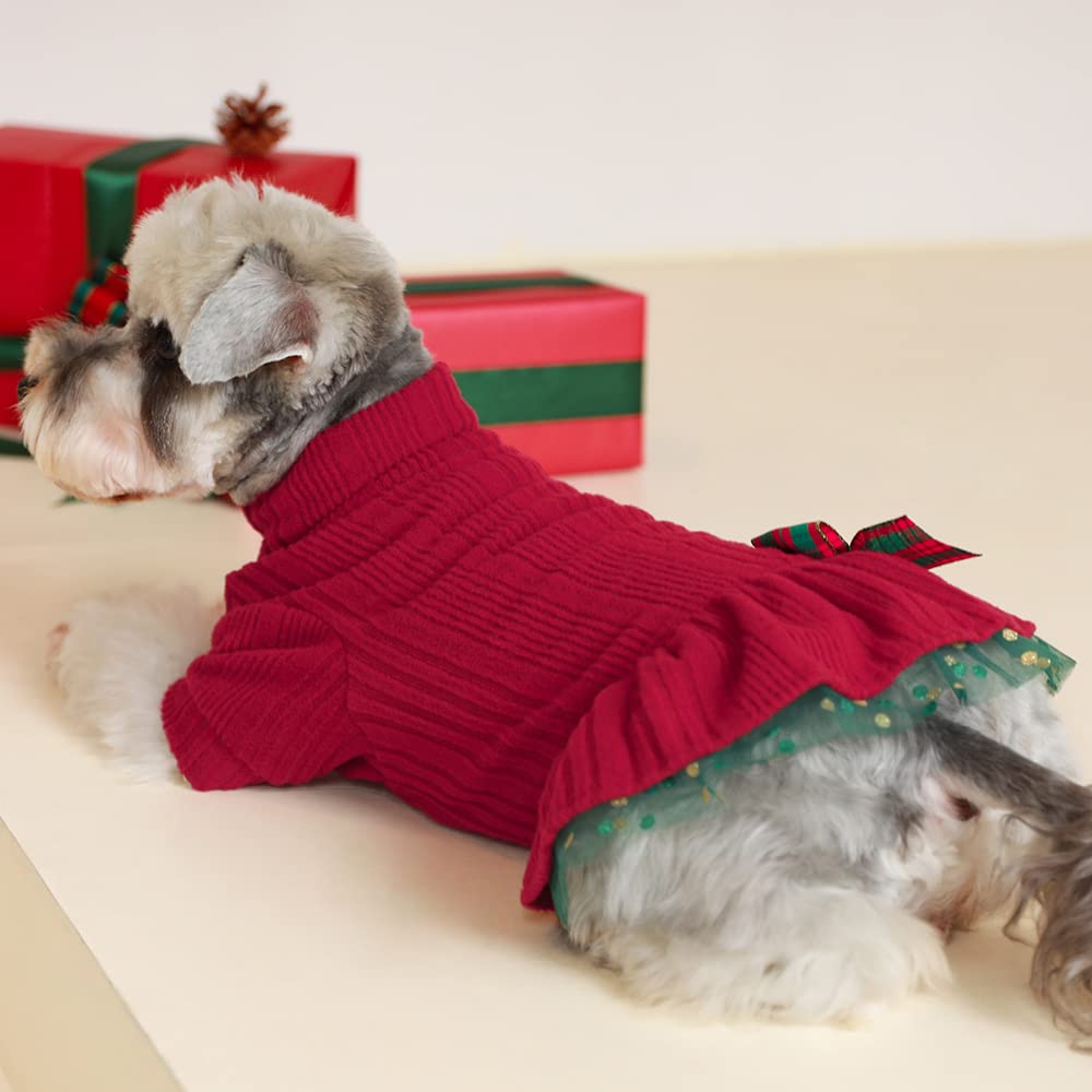 Fitwarm knitted dog tulle sweater dress back view highlights fluttering tulle layer