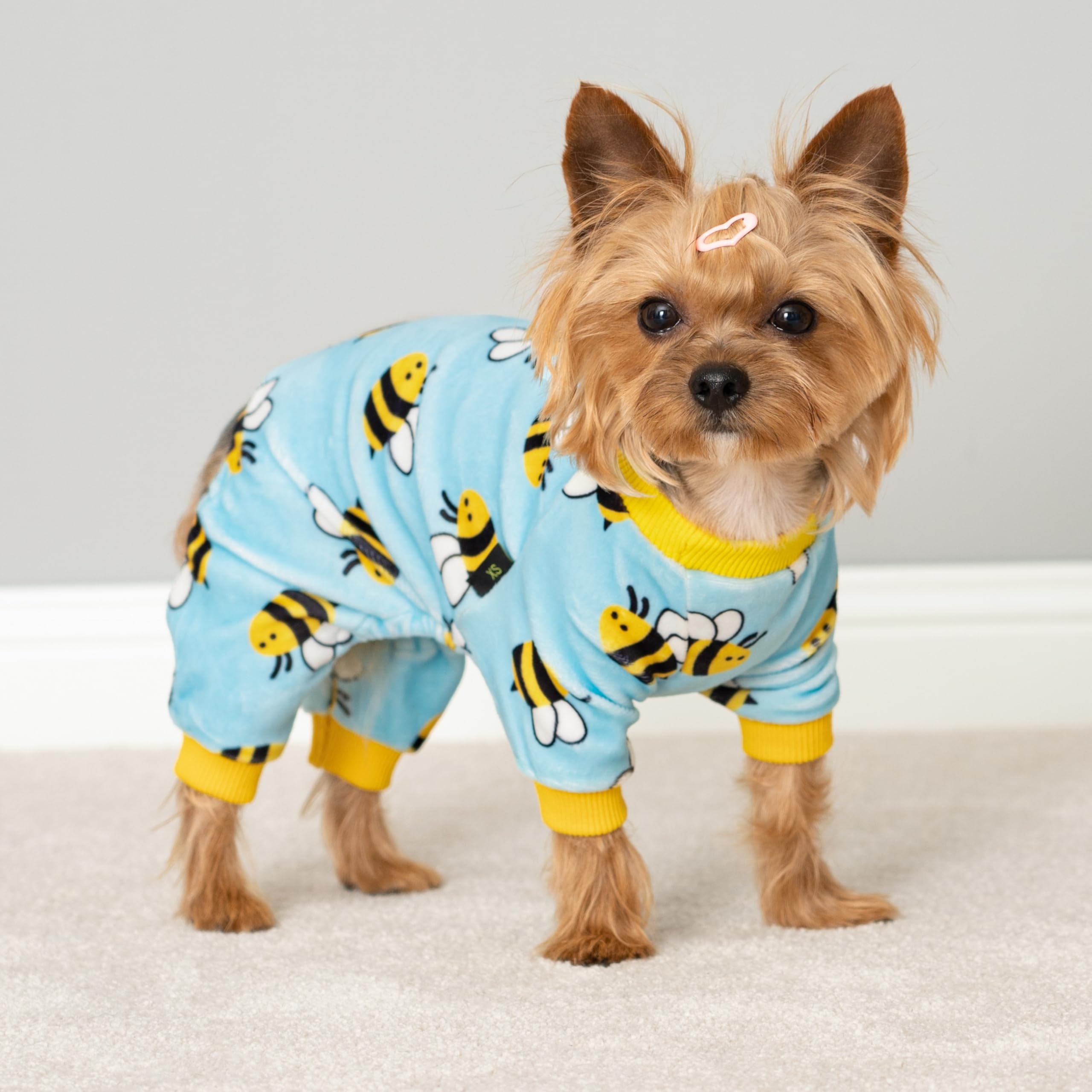 Fitwarm Light-blue fleece dog pajamas front view for lounging and photos.
