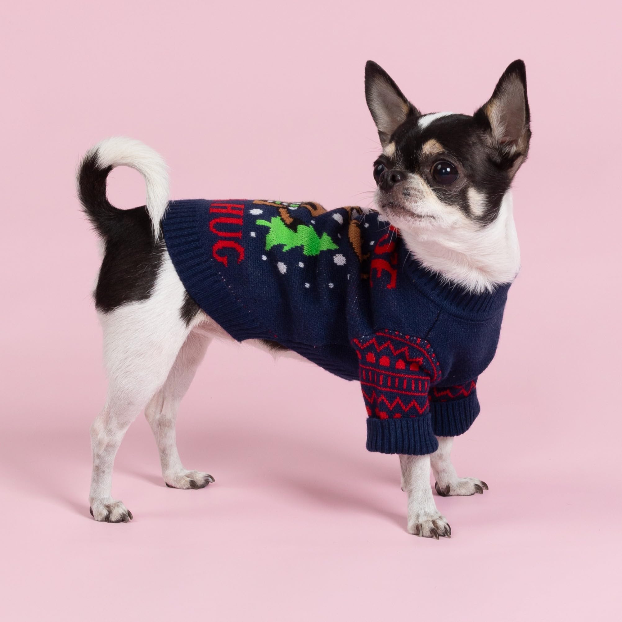 Fitwarm Navy knit dog sweater close-up highlights angora blend comfort.