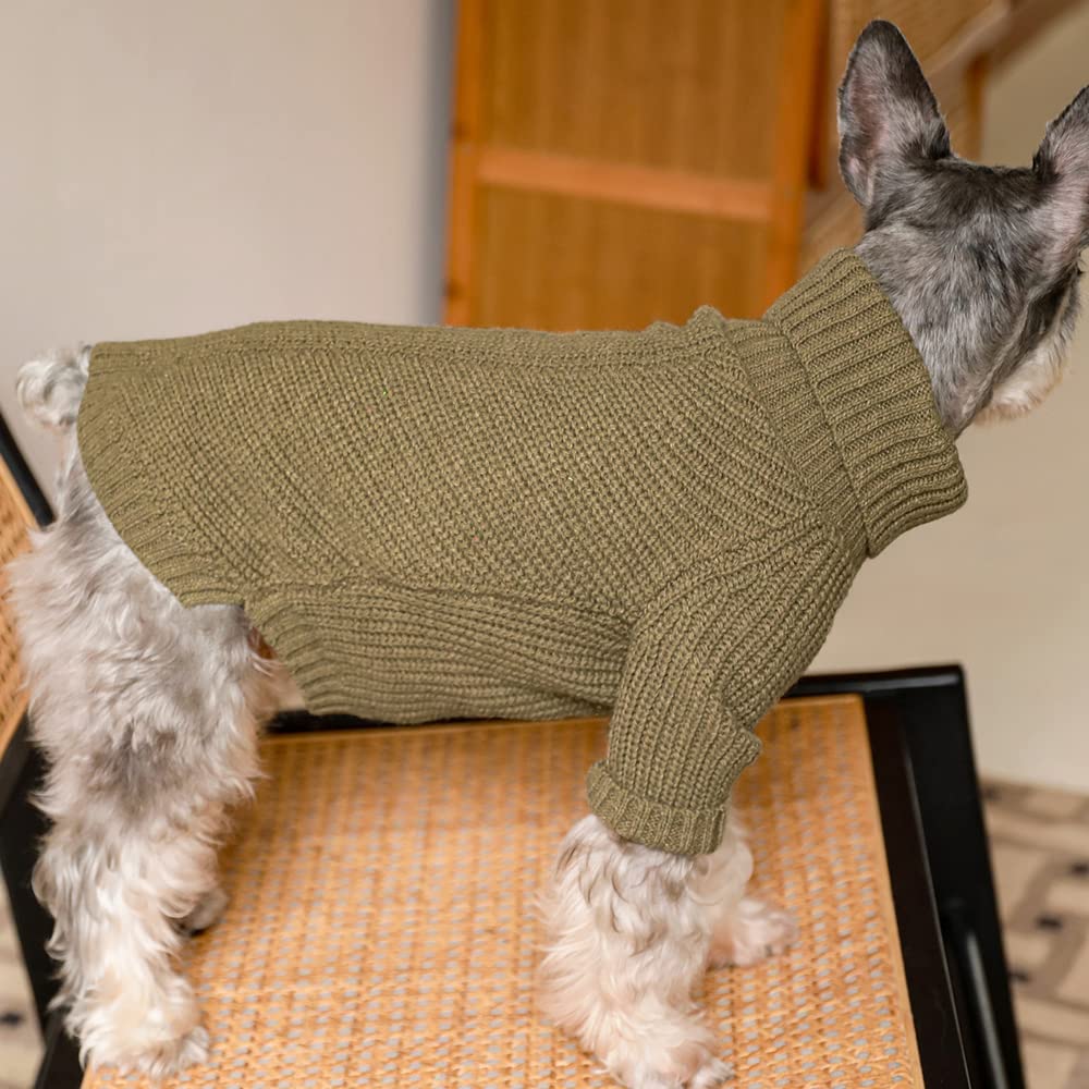 Fitwarm pullover dog sweater sage-green worn on a small dog for easy wear.
