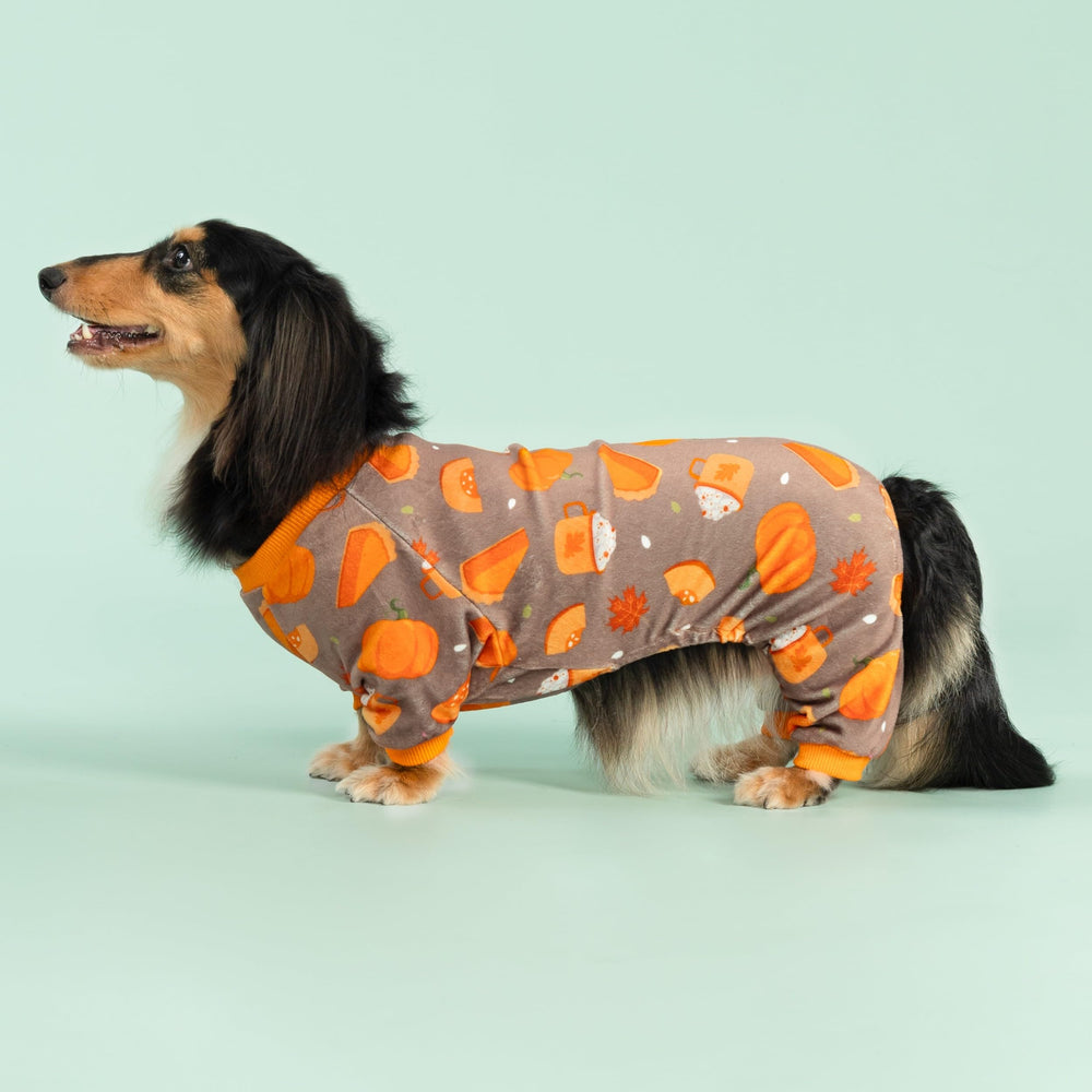 Fitwarm Pumpkin Dog Pajamas fabric close-up shows soft polyester-spandex blend