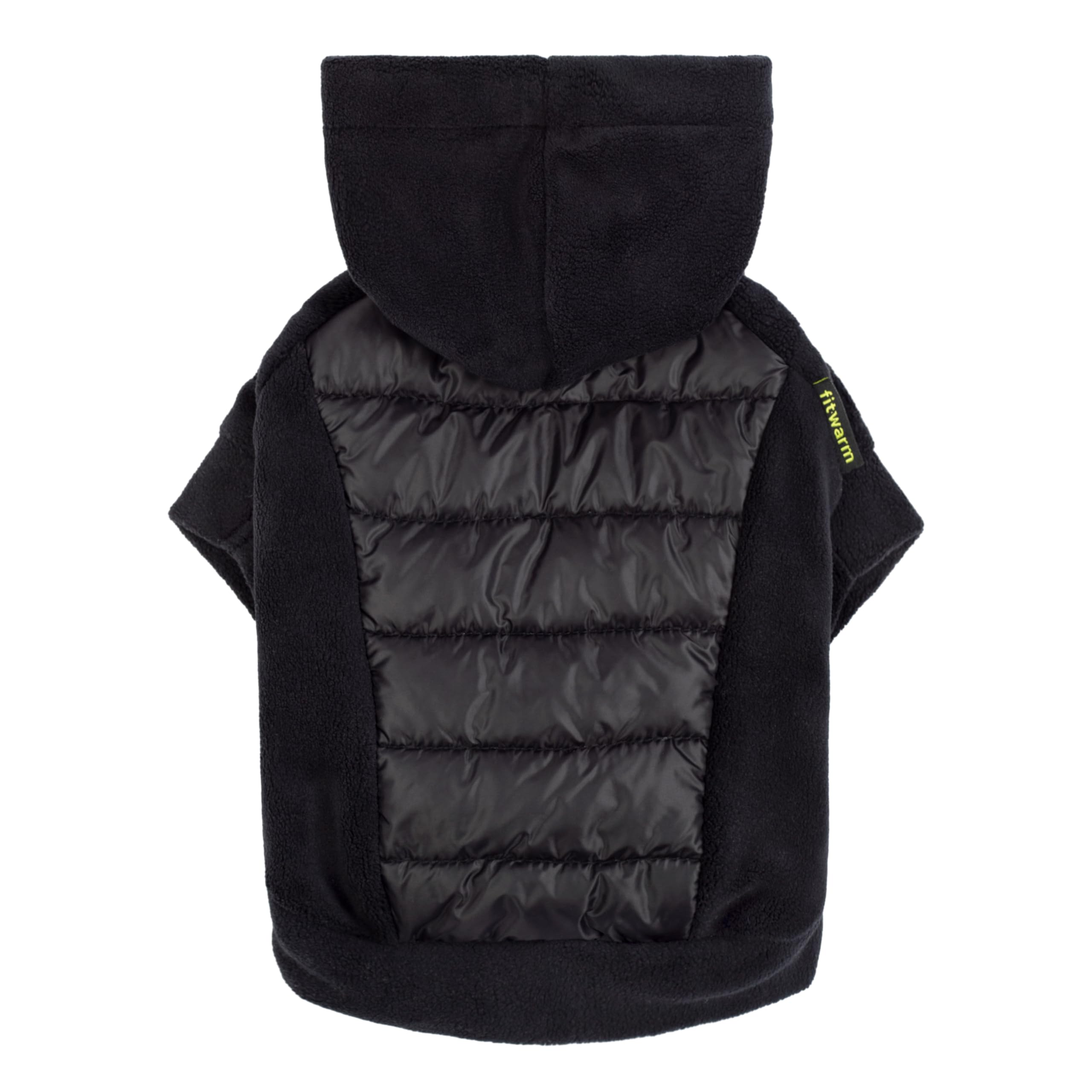 Fitwarm quilted fleece dog hoodie front view showing lightweight warmth for chilly walks.