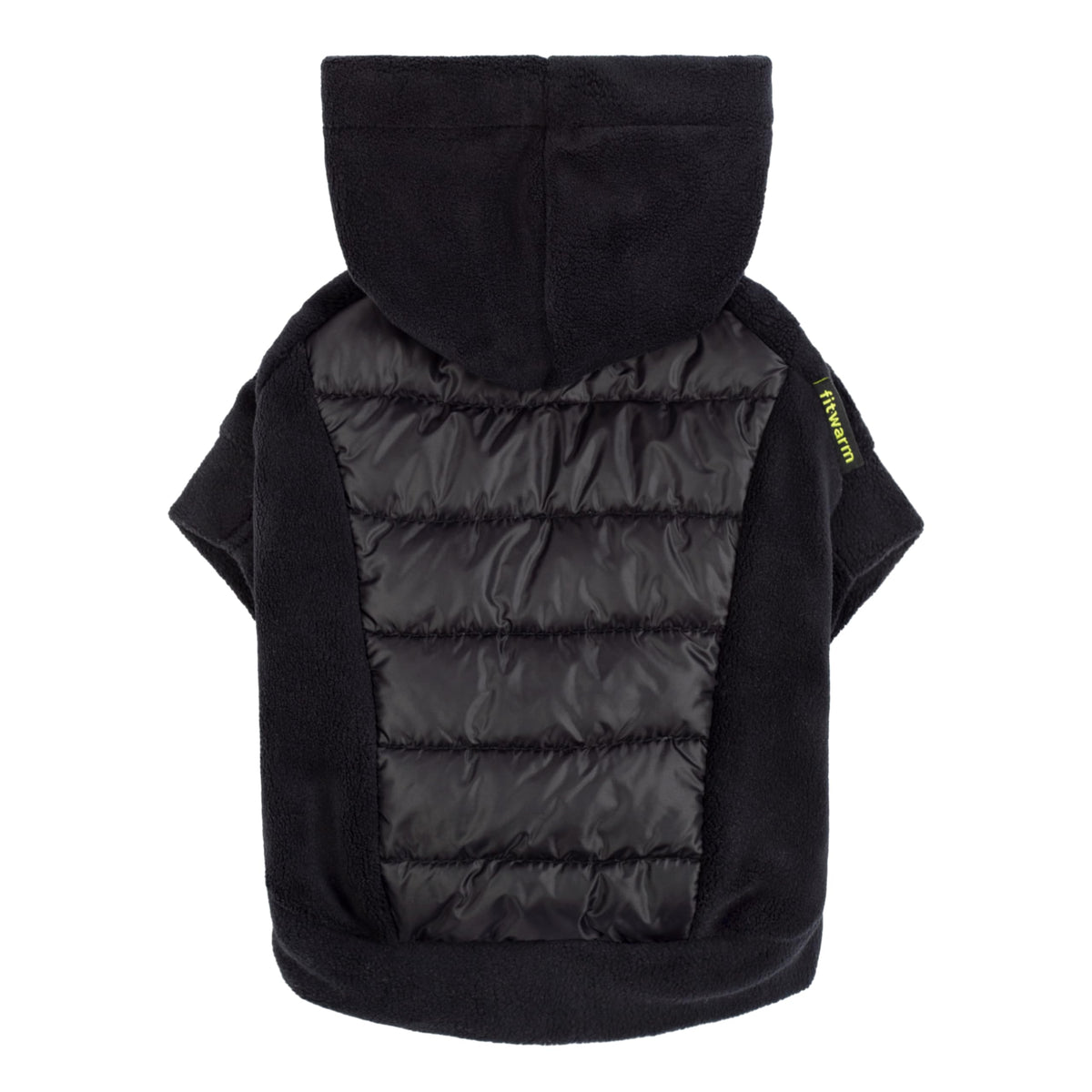 Fitwarm quilted fleece dog hoodie front view showing lightweight warmth for chilly walks.