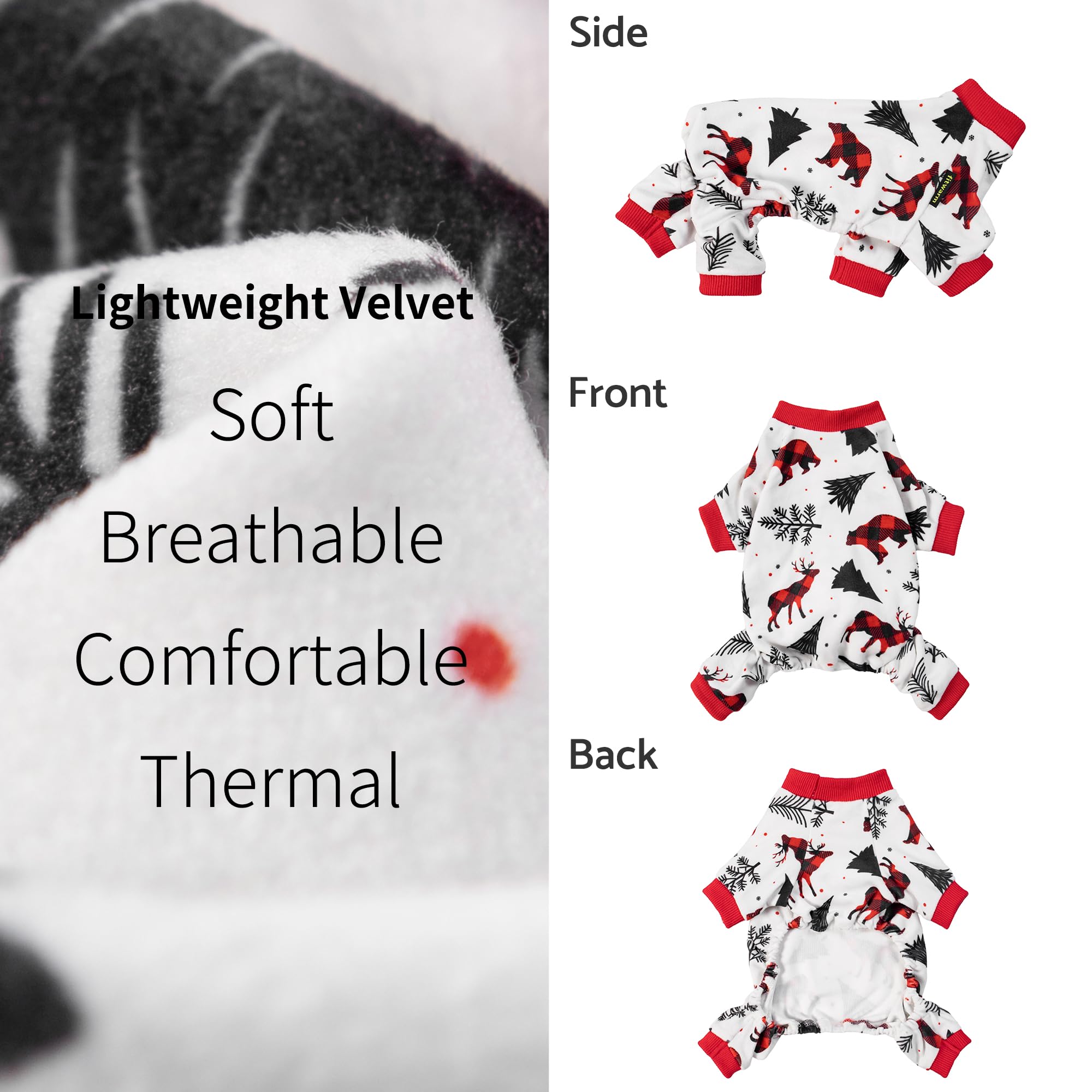 Fitwarm Reindeer Dog Pajamas buffalo plaid and pine trees detail for winter vibe
