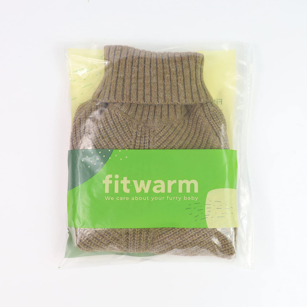Fitwarm packaging image, sage-green dog sweater ready-to-ship cozy warmth.