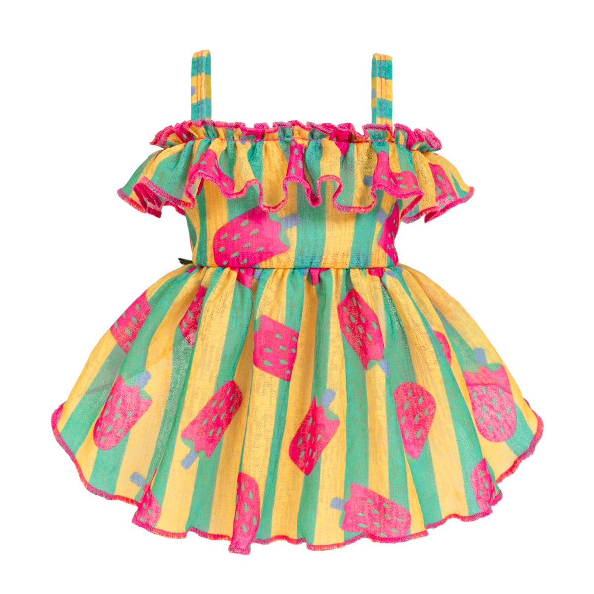Fitwarm Strawberry Ice Pop Dress back view for small dogs, cooling summer style.