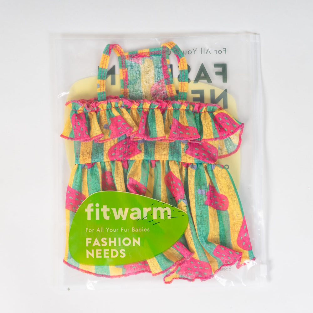 Fitwarm Strawberry Ice Pop Dress model walking shows secure fit on small dogs.