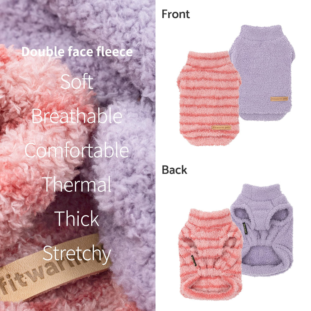 Fitwarm purple striped fleece dog sweater side view demonstrates flexible fit for daily wear