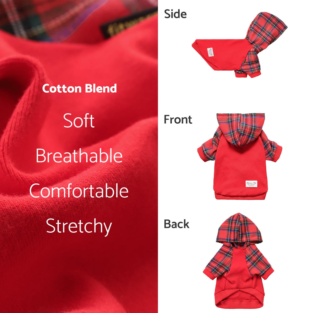 Fitwarm tartan plaid dog hoodie chest close-up highlights fabric texture