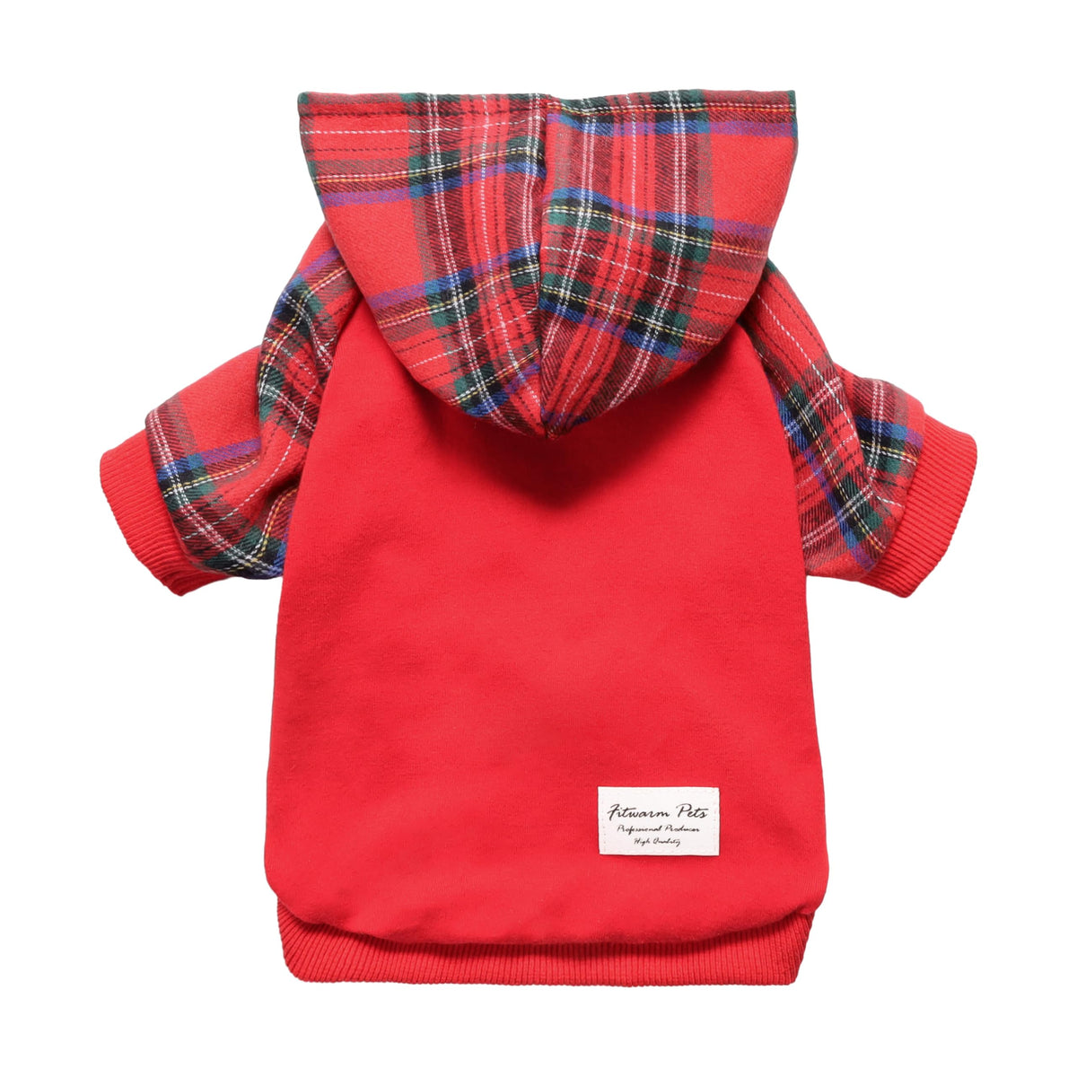 Fitwarm tartan plaid dog hoodie front view highlighting cozy fit and color block
