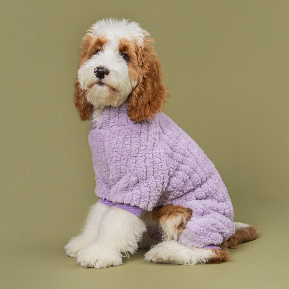 Fitwarm turtleneck fleece dog sweater pajamas in lavender, back view for full coverage