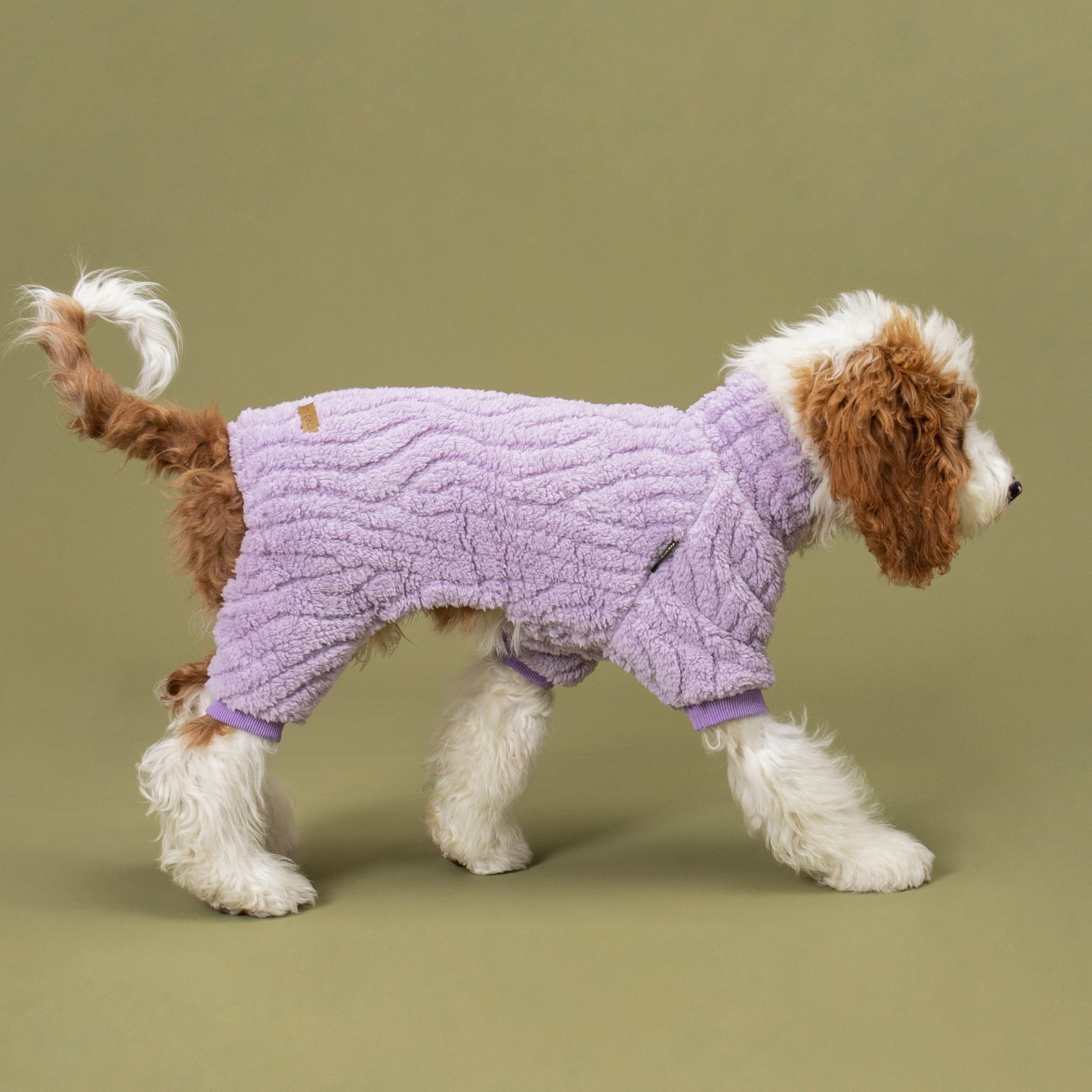 Fitwarm lavender fleece dog onesie on a small dog during a walk, warmth and mobility