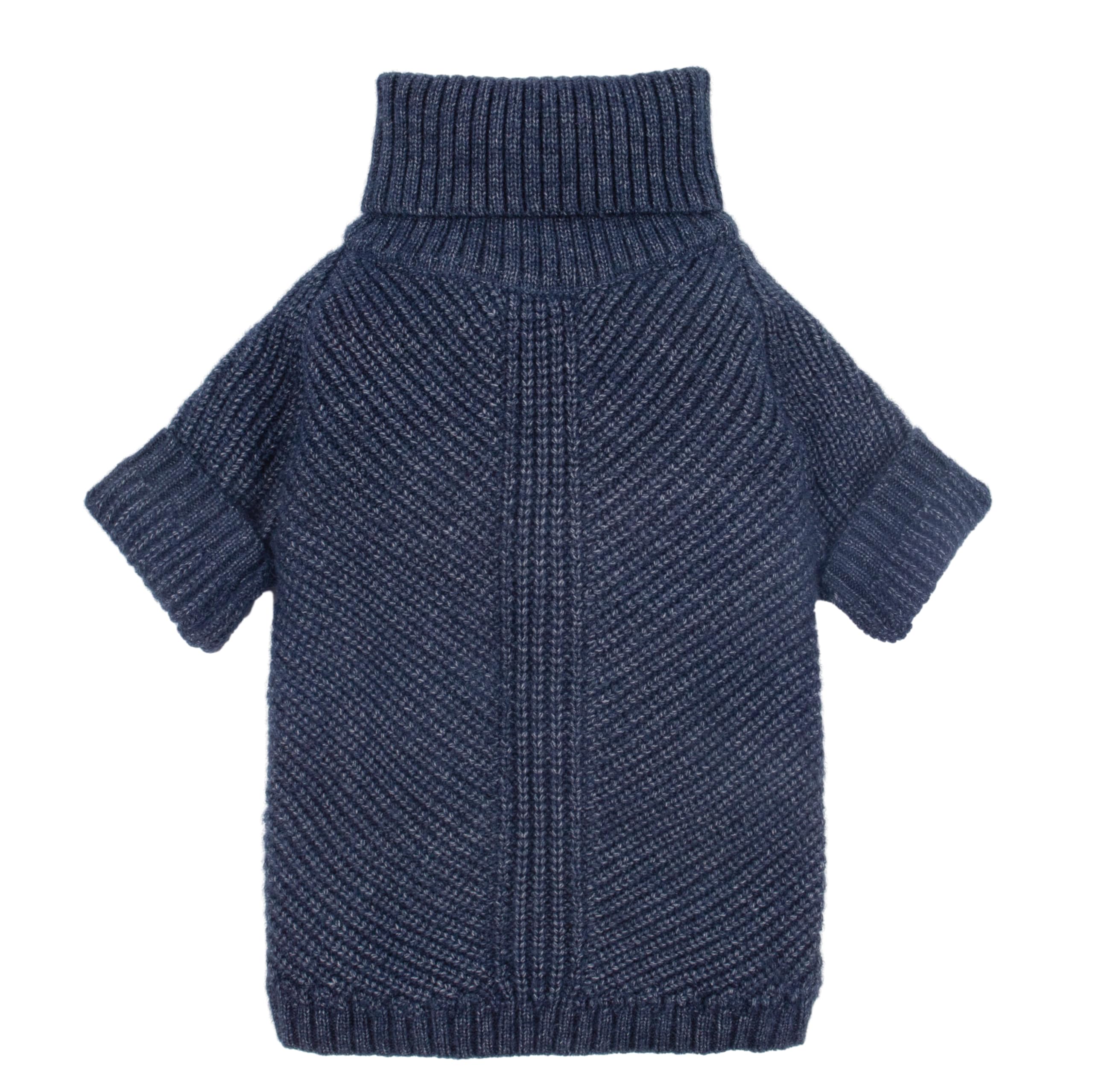 Fitwarm turtleneck knit dog sweater front view in heather navy provides cozy warmth