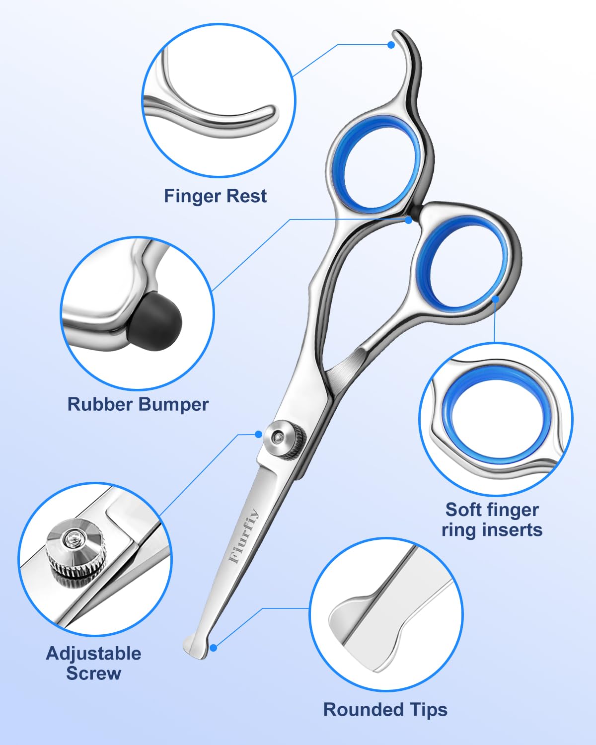 Fiurfiy 6-in-1 straight scissor for even trims on pets.