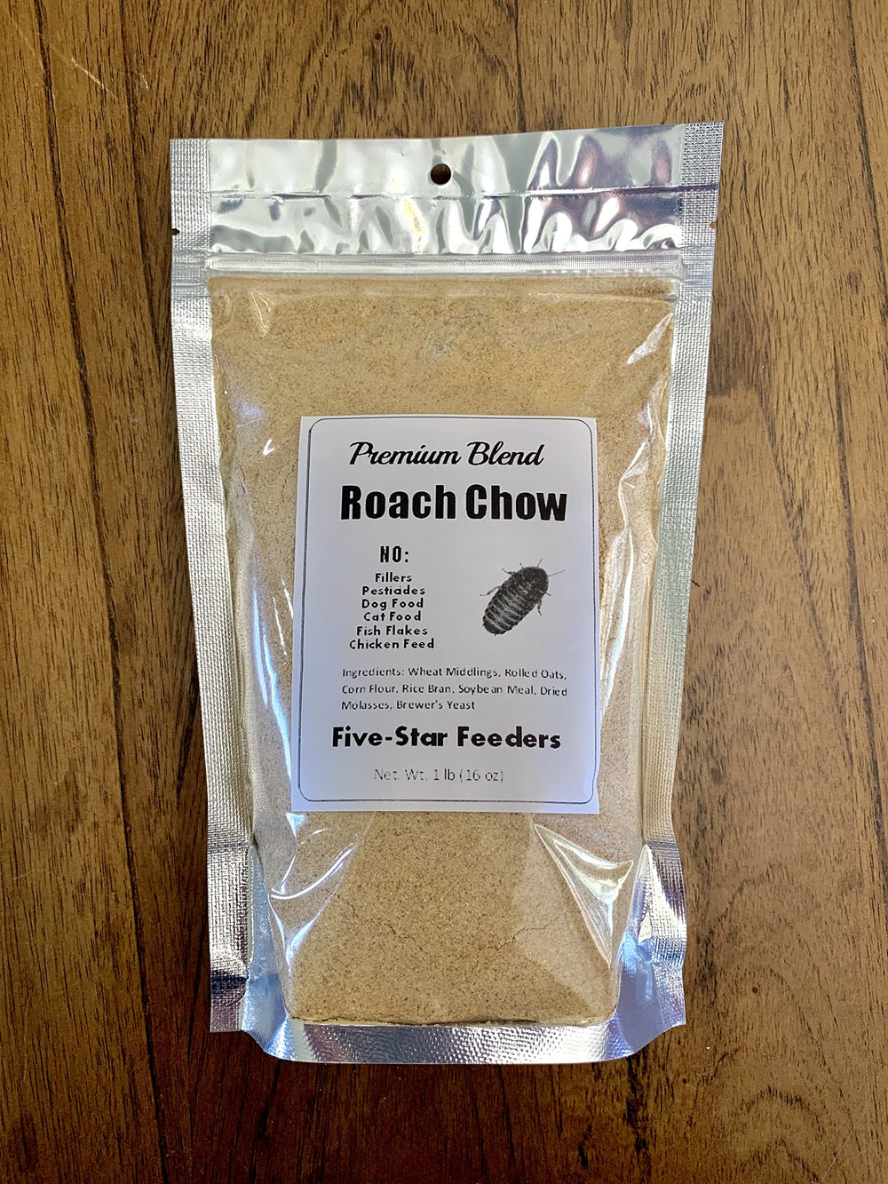 Five-Star Feeders Roach Chow bag close-up highlighting resealability and freshness for feeder insects.