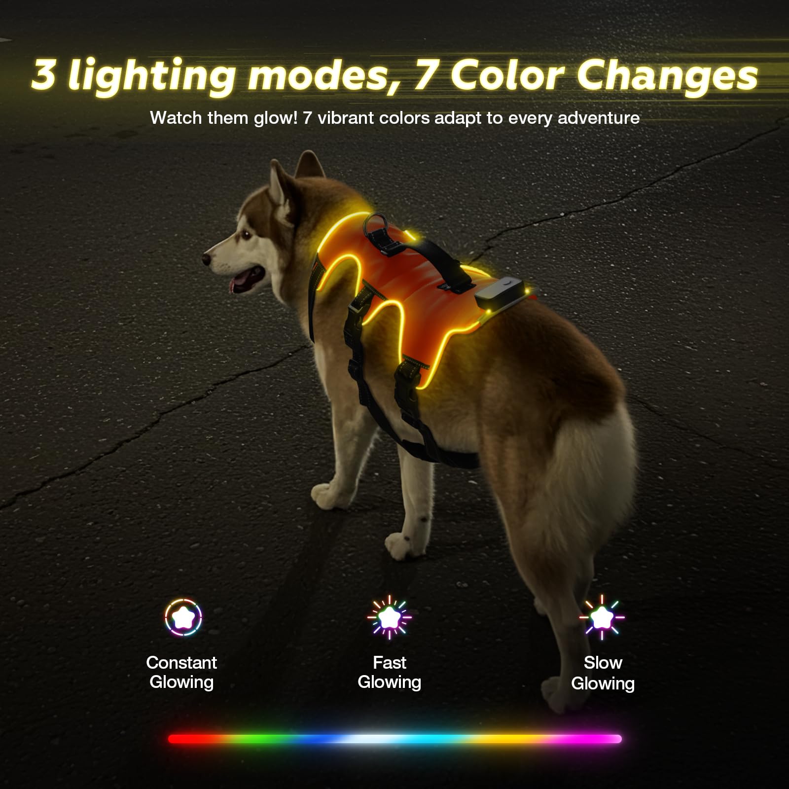 Fiveda light-up dog harness adjustable-strap image shows 6-point fit for various breeds.