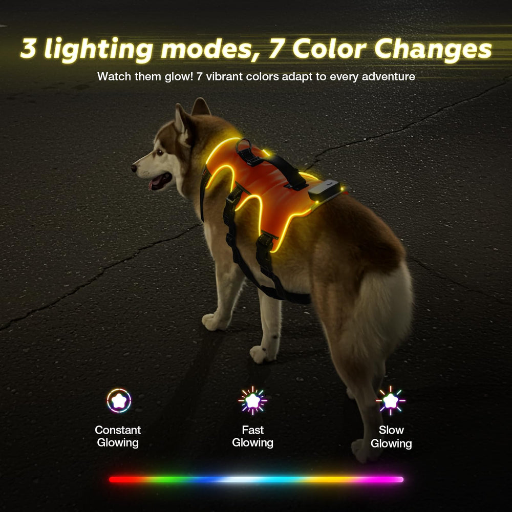 Fiveda light-up dog harness adjustable-strap image shows 6-point fit for various breeds.