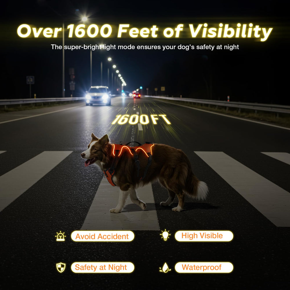 Fiveda light-up dog harness night visibility image demonstrates up to 1600 feet reach for roadside safety.