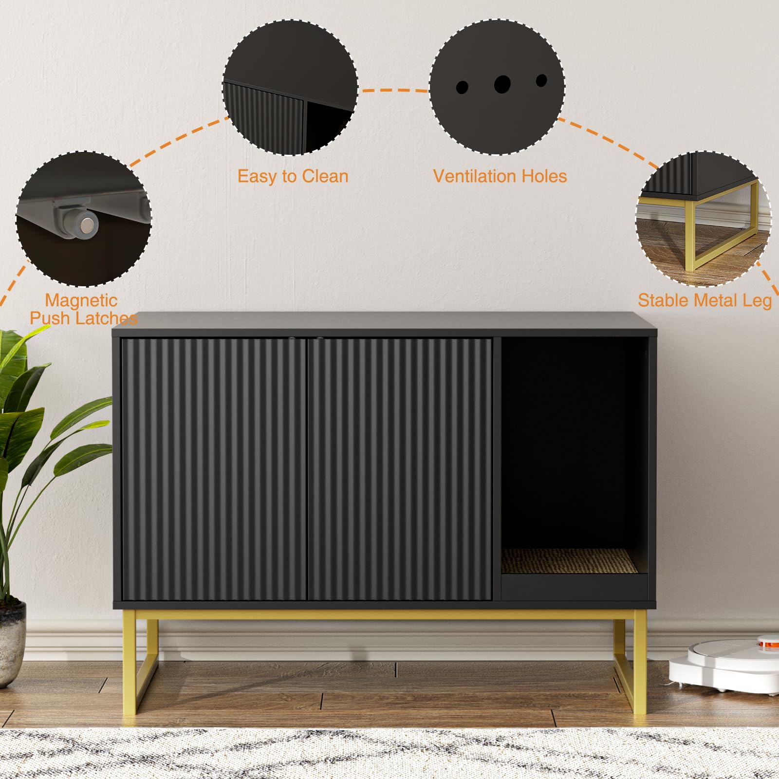 FiveWillowise enclosed cat cabinet offers private space in the living room.