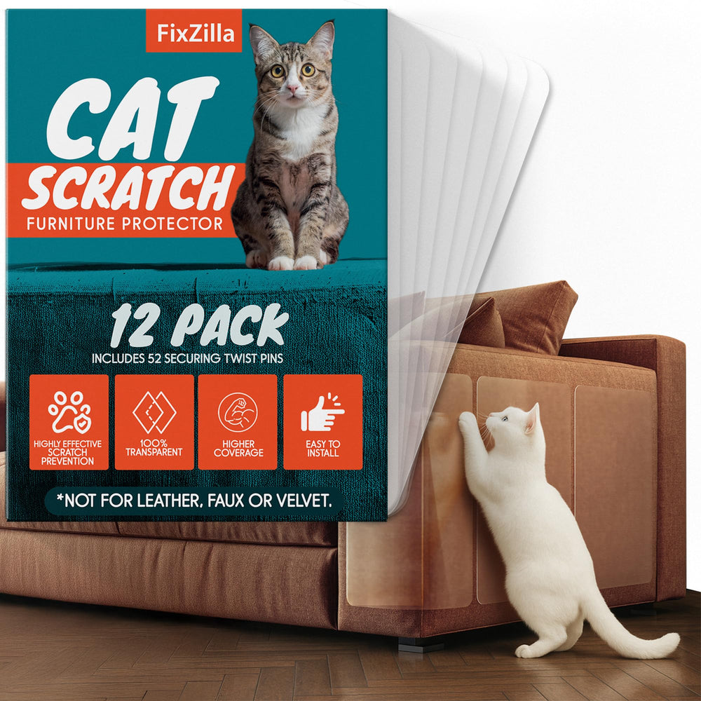 FixZilla couch protector in clear adhesive backing shields sofa from cat claws.