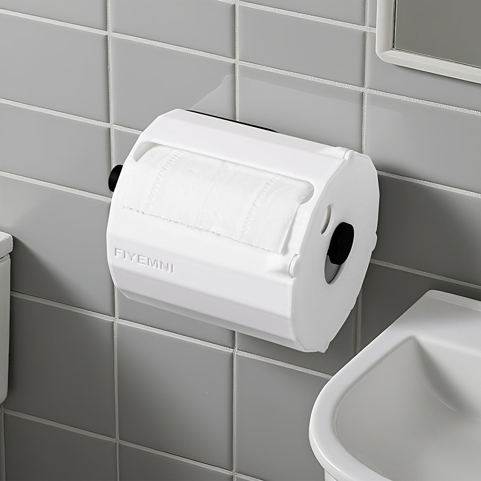 FIYEMNI installation steps show securing guard to toilet paper holder